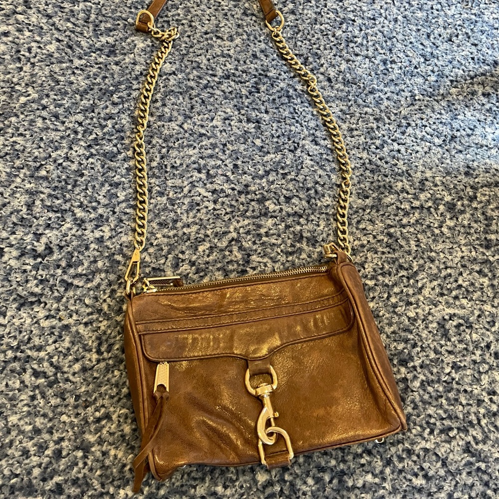 REBECCA MINKOFF BROWN CROSSBODY PURSE WITH GOLD CHAIN